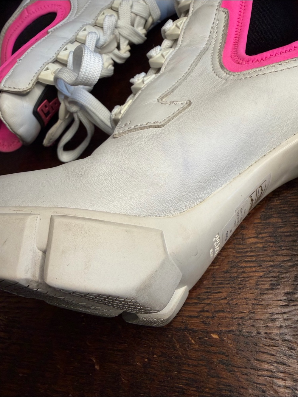 Prada White Leather & Neon Pink Neoprene Chunky Heel Lace Up Boots IT 6.5 - Picture 8 of 16